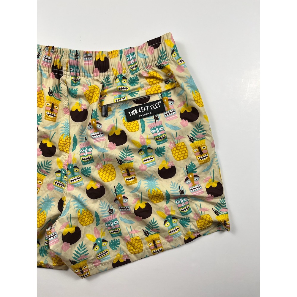 Two Left Feet Mens Tiki Cocktail Tropical Print Swim Trunks Tan Medium - Picture 7 of 9